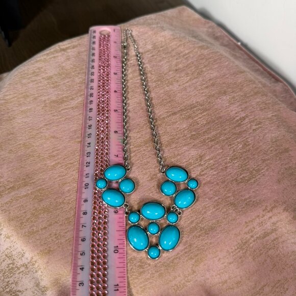 Turquoise Blue Statement Bib Necklace – Silver Tone Adjustable Chain - Picture 7 of 8